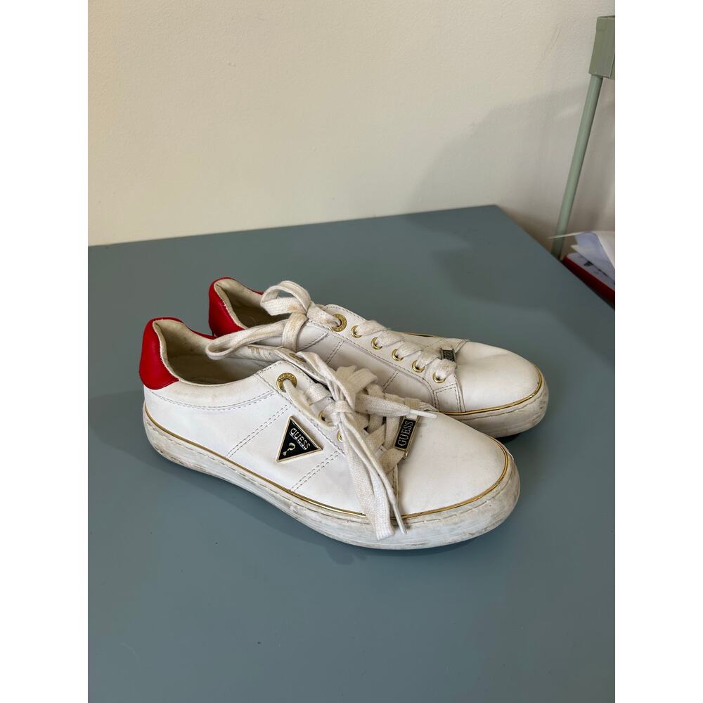 Guess leather sneaker size 8 mens white with red shows some wear